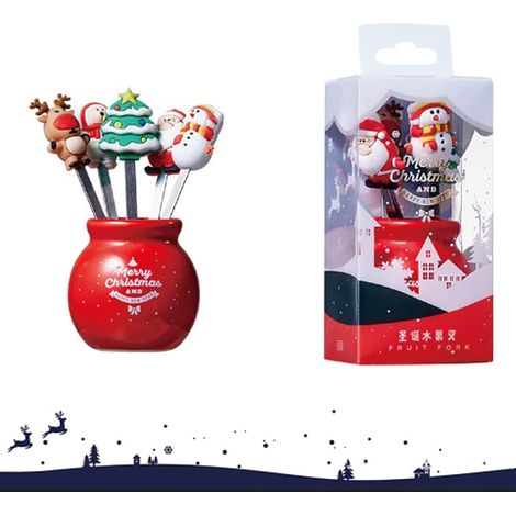 5-Piece Stainless Steel Christmas Fruit Fork Set with Silicone Top, Dessert and Salad Forks with Red Cup Holder for Children's Party Snacks (1/5)