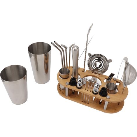 Ensemble shaker à cocktails en acier inoxydable avec support en bambou, kit de barman complet et accessoires pour cocktails, idéal pour les fêtes, les clubs et les bars. (1/5)