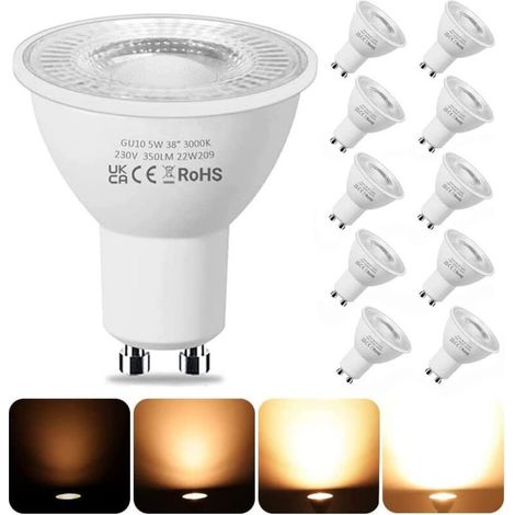 GU10 LED-Lampen, dimmbar, LED-Spot-Typ, 4,9 Watt (entspricht einer 50-Watt-Halogenlampe), warmweißes Licht 2700 Kelvin, 350 Lumen, 10er-Packung. (1/5)