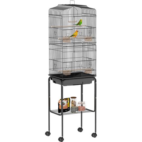 Vogelkäfig auf Ständer, Vogelvoliere auf Rädern, zu öffnendes Dach, 3 Sitzstangen, untere Ablage, 46,5 x 36 x 157 cm, schwarz