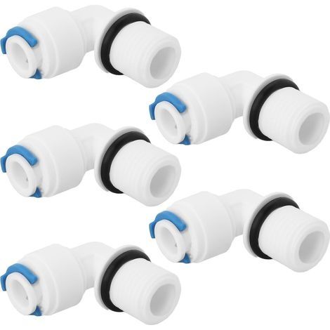 Lot de 5 raccords filetés mâles 1/4 vers 1/4 coudés à 90° pour l'installation de boîtiers de filtre de rechange pour systèmes de filtration d'eau par osmose inverse (1/5)