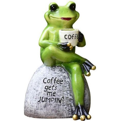 Statue du Prince Grenouille Couronne allongé dans un fauteuil à bascule buvant du café, figurine pour jardin, terrasse ou intérieur (1/5)