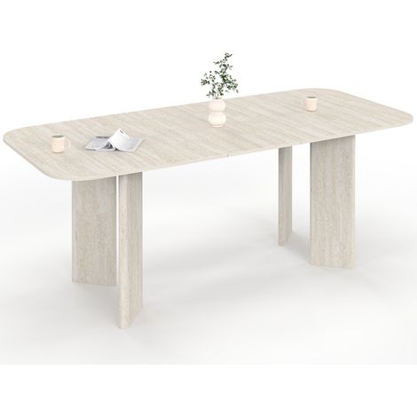 Table à manger extensible rectangulaire arrondie CAPUCINE 6-10 personnes 4 pieds design arrondi façon travertin 160-200 cm (1/5)