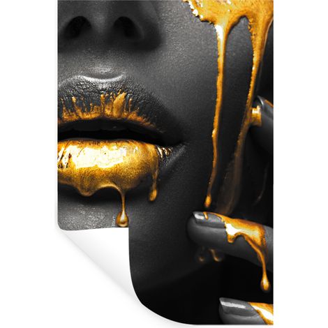 Wall Sticker Woman - Black - Gold - Face - Lips 40x60 cm