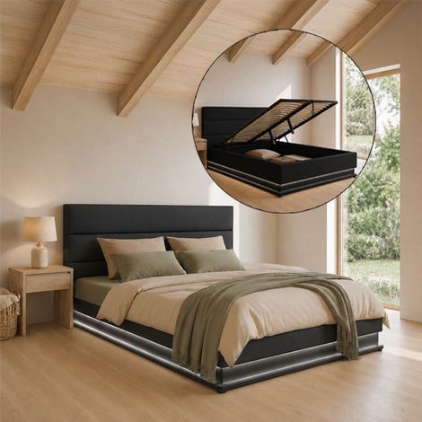 Polsterbett mit Bettkasten Bettgestell Bett Doppelbett mit LED Beleuchtung Bettkasten Bett Holzstruktur mit Kunstlederbezug Schwarz Matt Modell Nitas Für Matratze 150x190 (1/5)