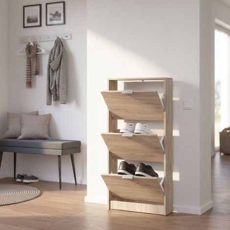 Zapatero Melle, mueble para zapatos 3 estantes, 3 puertas, tiradores incluidos, 58x18x119h cm marrón roble oscuro (1/5)