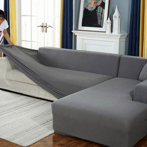 1 Housse de canapé, tissu extensible, polyester élasthanne, lavable, pour salon, 90-140 cm, gris (1/4)