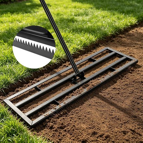 Râteau Nivellement Gazon 115x25cm Rateau de Nivellement de Pelouse avec 199cm Poignée Réglable et Surface Dentelée Raclette de Gazon Niveleur pour Jardin, Golf, Aménagement Extérieur (1/5)
