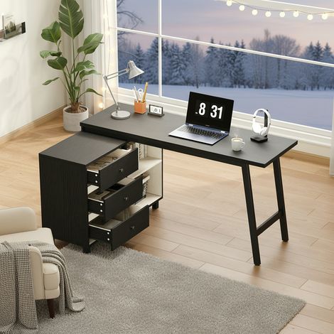 Bureau en 150 x 100 x 76cm 3 tiroirs et 2 rangements ouverts, pieds acier tubulaire. Plateau spacieux noir et blanc (1/5)