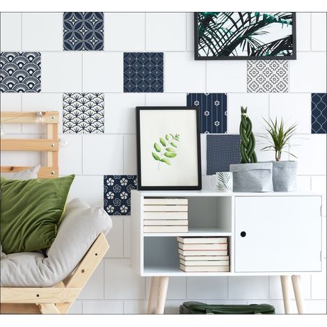 Lot de 9 Stickers Carrelage Adhésifs Autocollants OSCATA 10x10cm, Forme Géométrique, Éventails Bleus et Blancs, Décoratifs pour Murs et Sols. (1/2)