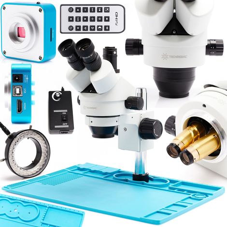 Microscope stéréo trinoculaire Techrebal 10HT 7X - 45X + éclairage LED 60x + tapis 48x32 + caméra 616 (1/5)
