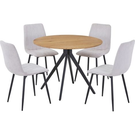 Aspen Light Oak Round Table & 4 Natural Fabric Chair Set - MDF/Metal - L54 x W53.5 x H88 cm