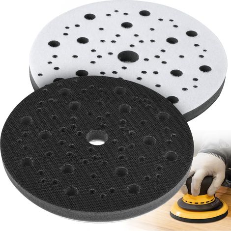 Lot de 2 patins souples - Diamètre : 150 mm - 70 trous - Couche intermédiaire en mousse souple - Compatible avec Mirka - Tampon tampon pour ponceuse excentrique avec fermeture (1/5)