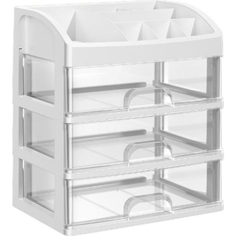 Organizzatore da scrivania a 3 cassetti, contenitore in plastica trasparente per ufficio e trucco. (1/4)