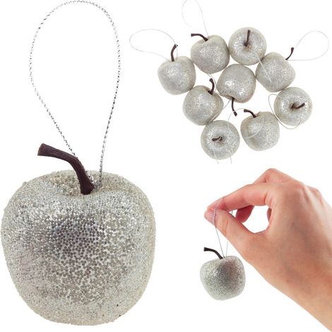TG61386-1 Apfel-Weihnachtsbaum-Anhänger, glitzernde Apfel-Dekorationen, 9 Stück, Silber
