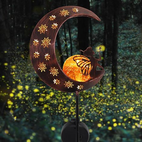 Solarlampe Garten Außen, Gartendeko Außen, Große Solarleuchte 100cm Metall Mond, Glaskugel Gartenleuchte Wasserfeste Wegeleuchte mit Fee