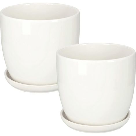 Lot de 2 pots de fleurs en céramique blancs, diamètre 17 cm, avec bac égouttoir intégré, pour fleurs et plantes d'intérieur ou d'extérieur (1/5)