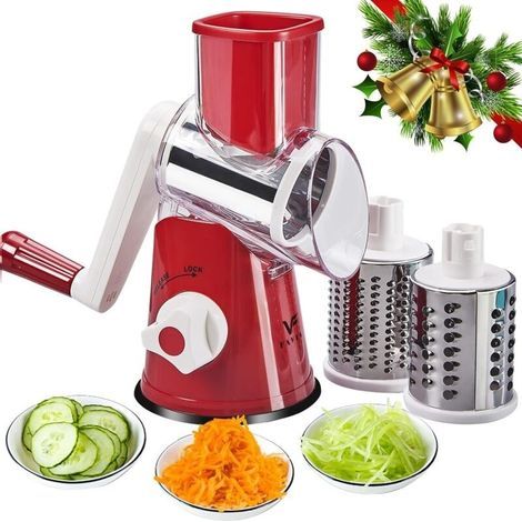 Rallador manual giratorio para verduras, rallador manual multifuncional con tambor y 3 cuchillas de acero inoxidable, para frutas, verduras y queso (rojo). (1/5)