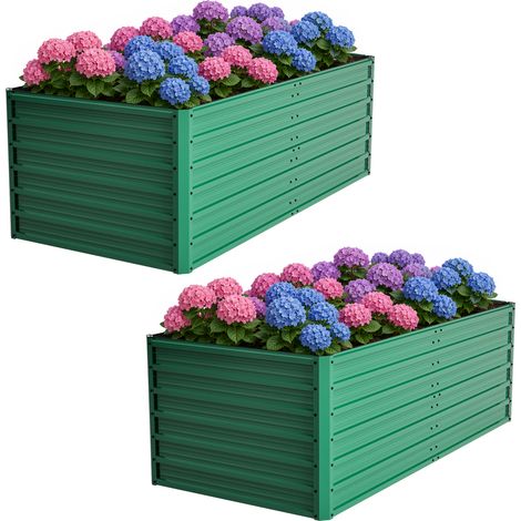 Bac potager surélevé métal, jardinière, fond ouvert, pour jardin terrasse balcon-vert, 190x90x64 cm, 2 pièces