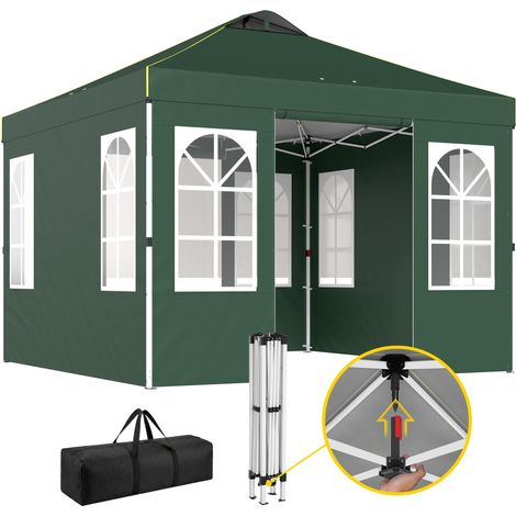 Tente pliante pop-up 3x3m avec protection UPF50+, 4 panneaux latéraux détachables, hauteur réglable et sac de transport (verte)