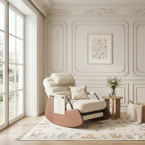 Rocking Chair cachemire avec Repose-pieds - Dossier Inclinable 3 Positions et Poche Latérale, Fauteuil d'allaitement - Scandinave, Beige