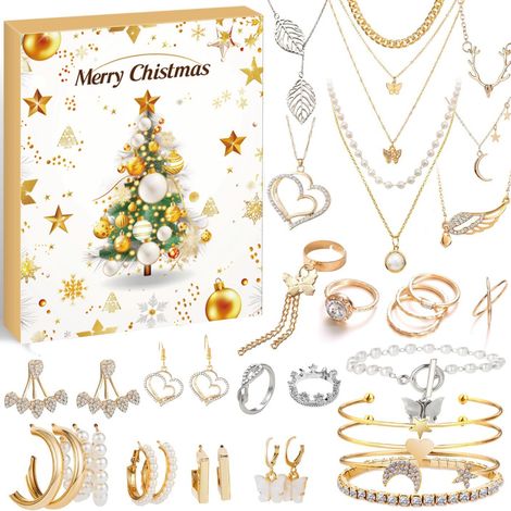 Calendario dell'avvento di gioielli per adulti e donne, conto alla rovescia di 24 giorni per il calendario di Natale con collana in oro, anelli, orecchini, bracciale, regalo a sorpresa di Natale per f