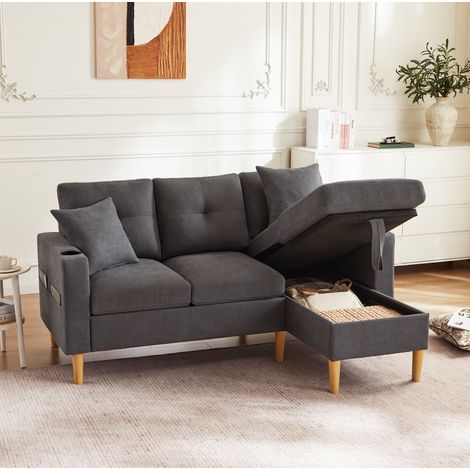 Sofá chaise longue 175x129x90 cm gris oscuro en algodón y lino con almacenaje y portavasos (1/5)