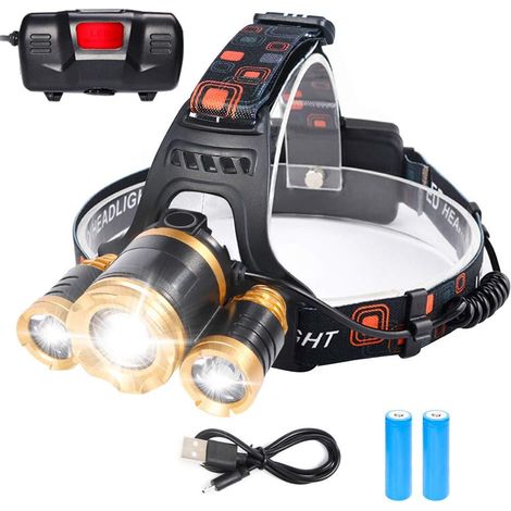 Lampe Frontale Rechargeable LED 1200LM,Torche Frontale IP64 Étanche Zoomable 3 Modes avec Câble USB 2 Piles 18650 avec Voyant Lumineux pour Camping,Pêche,Vélo,Randonnée,5 Boucles Casque (1/5)