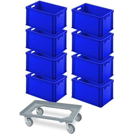 BRB Set complet de roulettes de transport pour charges lourdes + 8 Eurobox 600 x 400 x 320 mm, bleu