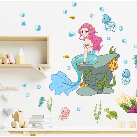 Lot de 2 stickers muraux sirène pour salle de bain, déco chambre enfant princesse cartoon, autocollants amovibles salon chambre chaleureux (1/5)
