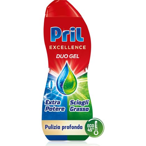 Pril Excellence Duo Gel, Detersivo lavastoviglie Gel, Azione Sciogligrasso, Formato singolo da 45 Lavaggi (1/5)