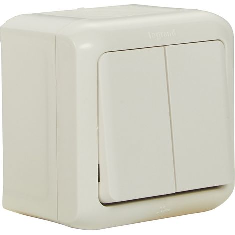 Interrupteur à double inverseur monté en surface pour pièce humide, résistant aux éclaboussures (IP44), à fixer au Mur, 782361, Blanc (1/3)