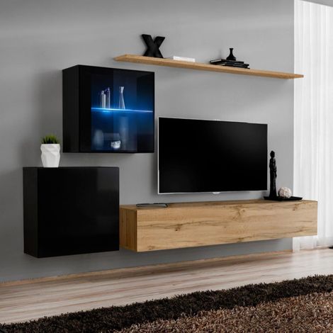 Meuble TV Mural Design "Switch XV" 260cm Naturel & Noir (1/4)