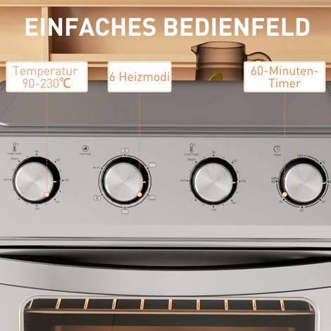Minibackofen mit Umluft, Heißluftfritteuse, 6 Heizmodi, Timer, Zubehör, 24L, Silber (1/4)