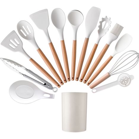Lot de 14 ustensiles de cuisine, manche bois, silicone, cuisson, spatule, pelle, pinces, cuillère, porte-cuillère, blanc (1/5)