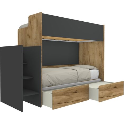 Letto a castello minimalista con terzo letto estraibile - Quercia e basalto