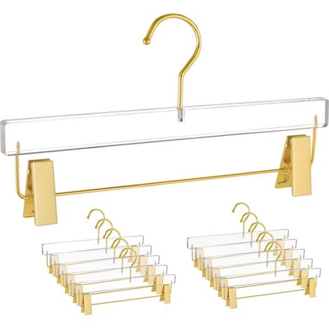 Lot de 10 cintres en acrylique doré, cintres transparents avec crochets dorés, cintres luxueux pour jupes et pantalons avec pinces dorées pour rangement de vêtements dans l'armoire (1/5)