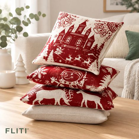 FLITI Housses de Coussin Noël Lot de 4 Coton Lin Taie Oreiller Hiver Wapiti Chateau Bonhomme de Neige 45x45cm Décoration Canapé Chambre (1/5)