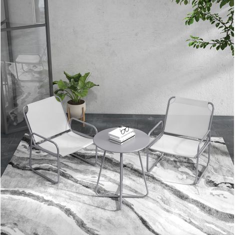 Ensemble de jardin en acier 2 places gris, avec table ronde, dossier haut et maille respirante (1/5)