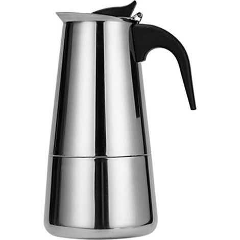 Cafetera eléctrica portátil de acero inoxidable con filtro de café y tazas de espresso de estilo europeo.