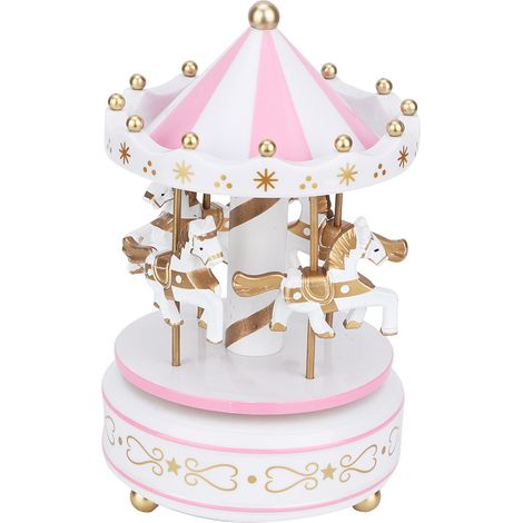 Carrousel musical Merry Go Round - Cadeau de Noël, mariage, anniversaire - Décoration blanche et rose (1/5)