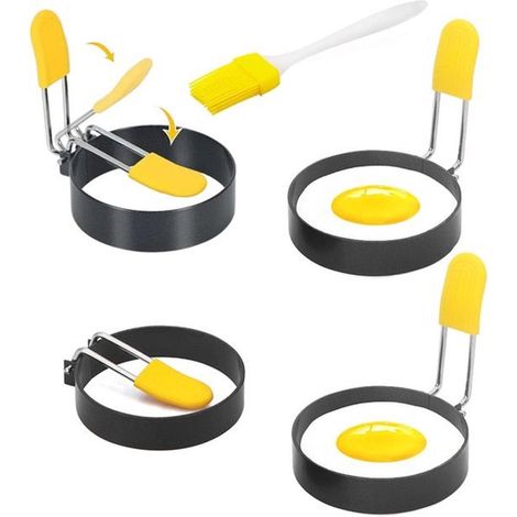 Stampo per uova in acciaio inox da 4 pezzi, stampo per pancake all'uovo, stampo per uova fritte, anello per uova, pancake all'uovo fritto con pennello per olio, stampo per uova fritte, stampi per uova (1/5)