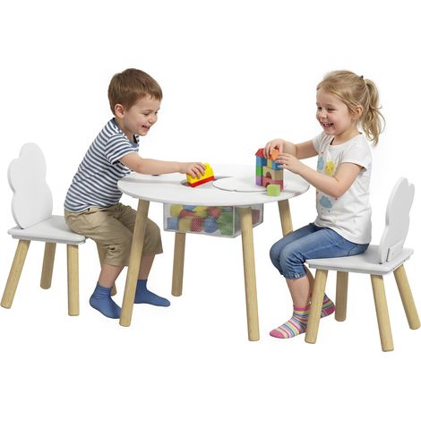 Ensemble table et chaises enfant - AIYAPLAY - trois pièces - avec sac de rangement - bois - 60x60x44cm - blanc (1/5)