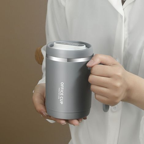 Mug en acier inoxydable 304, grande capacité, pour les boissons de bureau ou d'extérieur, avec couvercle et poignée, gris. (1/5)