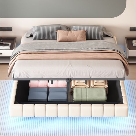 Letto imbottito 180x200 cm beige con contenitore, LED e senza testiera (1/5)