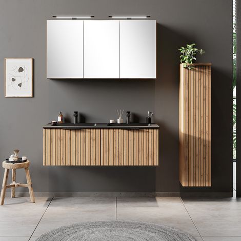 Badmöbel Set 3-teilig inkl. Doppelwaschtisch 120cm in Eiche, Fronten gestreift, LIVINGSTON-03 (1/5)
