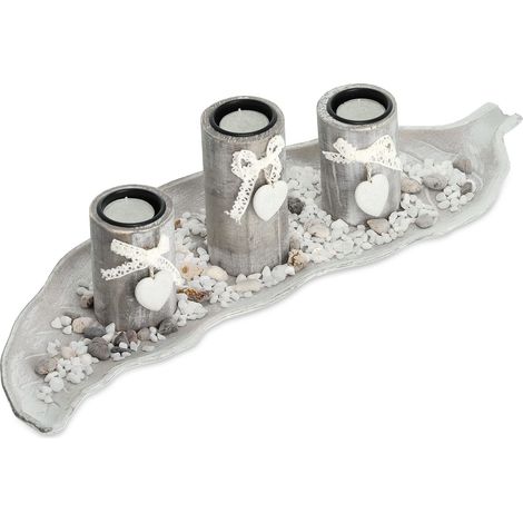 Porte-Bougies lot avec Plateau et Pierres, 50,5 cm, déco Table Salon, Style Maison de Campagne, Beige/Blanc (1/5)