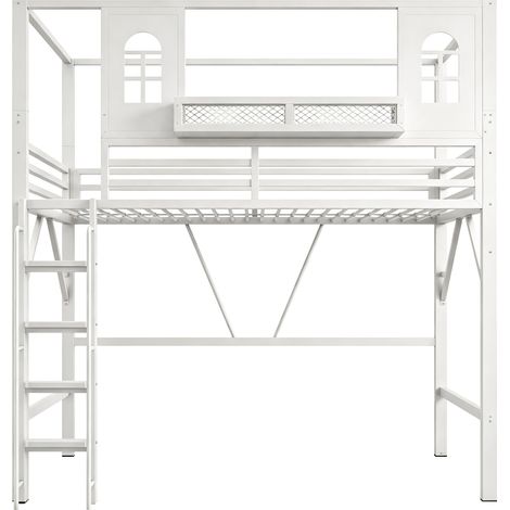 Lit mezzanine enfant 90 x 200 cm en métal et MDF avec toit, échelle et étagère MODENUIT (1/5)