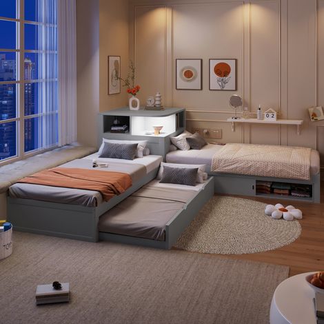 Lit gigogne 90x200 cm en bois gris avec lit tiroir, rangements coulissants et LED (1/5)