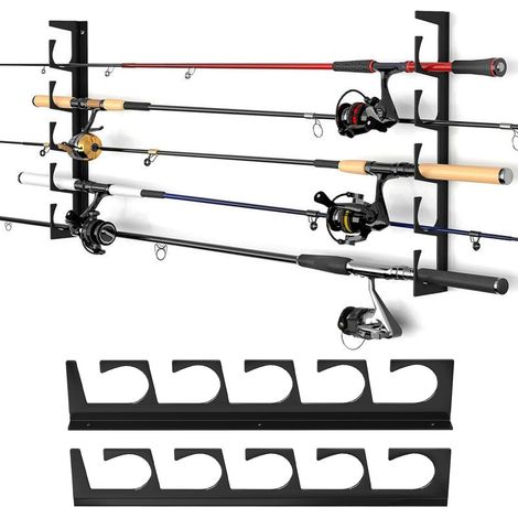 Lot de 2 supports muraux horizontaux pour cannes à pêche - multifonctionnels - peut contenir 6 cannes - noir - fer - 2 cm x 1 cm x 2 cm - noir - 2 cm - 1 cm (1/5)